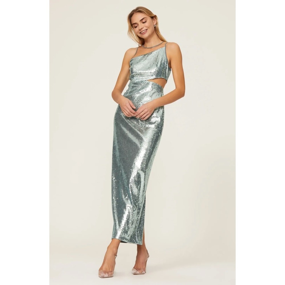 Toccin Dress Women Size 4 Blue Green Sequin‎ Maxi Cutout Sparkly Glam Formal
